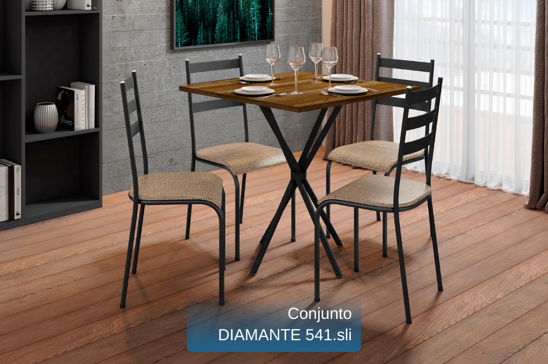 CONJUNTO DE MESA E CADEIRAS DIAMANTE 541.sli - PRETO FOSCO TEXTURA - 4 CADEIRAS - ASSENTO CURVO - FIBRA SAVANA - TAMPO MOCACCINO (Madeira Revestida) - MBM DECOR
