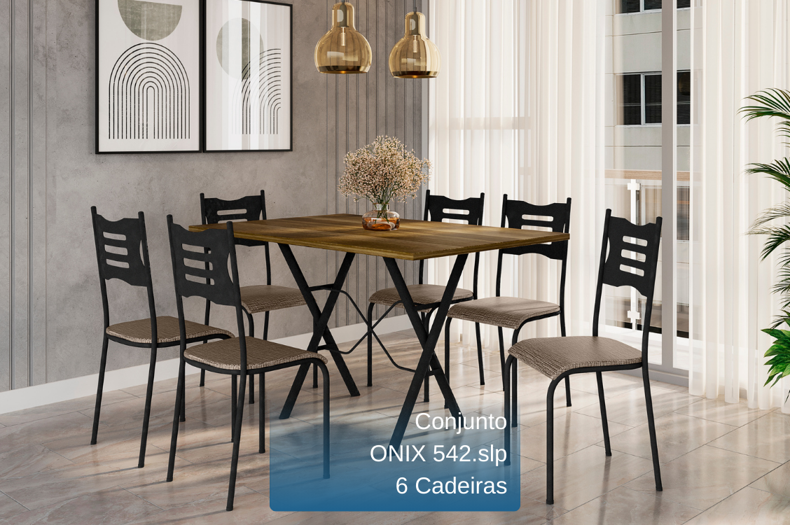 CONJUNTO DE MESA E CADEIRAS ONIX 542.sli - PRETO FOSCO TEXTURA - 6 CADEIRAS - ASSENTO CURVO - FIBRA SAVANA - TAMPO MOCACCINO (Madeira Revestida) - MBM DECOR
